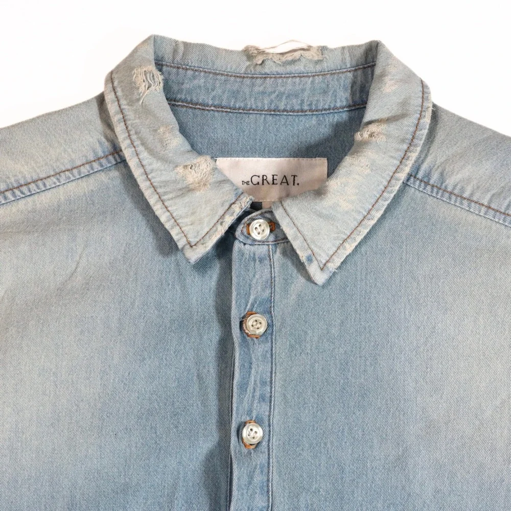 The Great Denim Shirt Womens 0 XS Blue Distressed Oversized Button Down Casual